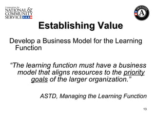 Establishing Value Develop a Business Model for the Learning Function “ The learning function must have a business model that aligns resources to the  priority goals  of the larger organization.” ASTD, Managing the Learning Function 