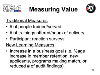 Measuring Value Traditional Measures # of people trained/served # of trainings offered/hours of delivery Participant reaction surveys New Learning Measures Increase in a business goal (i.e. %age increase in member retention, new applicants, programs making match, or reduced # of audit findings). 
