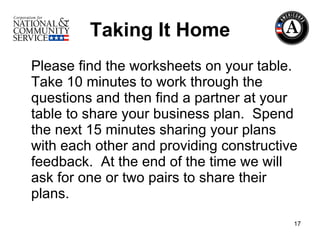 Taking It Home Please find the worksheets on your table.  Take 10 minutes to work through the questions and then find a partner at your table to share your business plan.  Spend the next 15 minutes sharing your plans with each other and providing constructive feedback.  At the end of the time we will ask for one or two pairs to share their plans.  