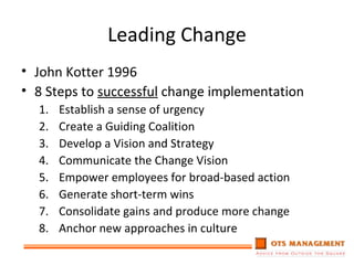 Leading Change John Kotter 1996 8 Steps to  successful  change implementation Establish a sense of urgency Create a Guiding Coalition Develop a Vision and Strategy Communicate the Change Vision Empower employees for broad-based action Generate short-term wins Consolidate gains and produce more change Anchor new approaches in culture 