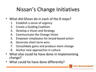 Nissan’s Change Initiatives What did Ghosn do in each of the 8 steps? Establish a sense of urgency Create a Guiding Coalition Develop a Vision and Strategy Communicate the Change Vision Empower employees for broad-based action Generate short-term wins Consolidate gains and produce more change Anchor new approaches in culture What else could he have done in implementing change? What could he have done differently? 