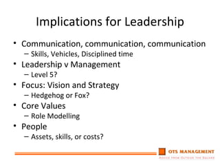 Implications for Leadership Communication, communication, communication Skills, Vehicles, Disciplined time Leadership v Management Level 5? Focus: Vision and Strategy Hedgehog or Fox? Core Values Role Modelling People Assets, skills, or costs? 