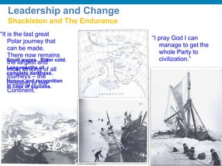 © 2009 Cisco Systems, Inc. All rights reserved. Cisco ConfidentialPresentation_ID © 2009 Cisco Systems, Inc. All rights reserved. Cisco ConfidentialPresentation_ID 17
“I pray God I can
manage to get the
whole Party to
civilization.”
THE CALL
Men wanted for
hazardous journey.
Small wages. Bitter cold.
Long months of
complete darkness.
Honour and recognition
in case of success.
Leadership and Change
Shackleton and The Endurance
“It is the last great
Polar journey that
can be made.
There now remains
the largest and
most striking of all
journeys – the
crossing of the
Continent.”
 