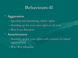 Behaviours-IIBehaviours-II
• AggressionAggression
– Ignoring and dismissing others’ rightsIgnoring and dismissing others’ rights
– Standing up for your own rights at all costsStanding up for your own rights at all costs
– Win/Lose SituationWin/Lose Situation
• AssertivenessAssertiveness
– Standing up for your rights with concern of others’Standing up for your rights with concern of others’
rights as wellrights as well
– Win/Win SituationWin/Win Situation
 