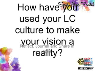 How have you
used your LC
culture to make
your vision a
reality?
Reflect, Journal and Share in
pairs
 