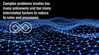Complex problems involve too
many unknowns and too many
interrelated factors to reduce
to rules and processes.
 