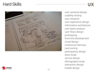 13 
user centered design 
usability testing 
user research 
user experience design 
information architecture 
user tasks analysis 
user flows design 
prototyping 
front-end development 
visual design 
contextual interview 
card sorting 
participatory design 
diary study 
service design 
ethnography study 
interaction design 
mobile design 
Hard Skills 
 