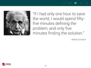 “If I had only one hour to save 
the world, I would spend fifty-five 
minutes defining the 
problem, and only five 
minutes finding the solution.” 
42 
- Albert Einstein 
 