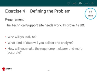 Exercise 4 – Defining the Problem 
Requirement: 
The Technical Support site needs work. Improve its UX. 
• Who will you talk to? 
• What kind of data will you collect and analyze? 
• How will you make the requirement clearer and more 
accurate? 
49 
20 
min 
 