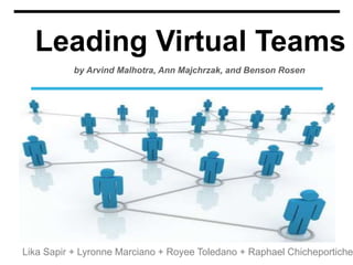 Leading Virtual Teams
Lika Sapir + Lyronne Marciano + Royee Toledano + Raphael Chicheportiche
IMAGE
by Arvind Malhotra, Ann Majchrzak, and Benson Rosen
 