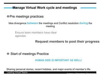 Manage Virtual Work cycle and meetings
Leading Virtual Teams Academy of Management Perspectives
Pre meetings practices
Id...