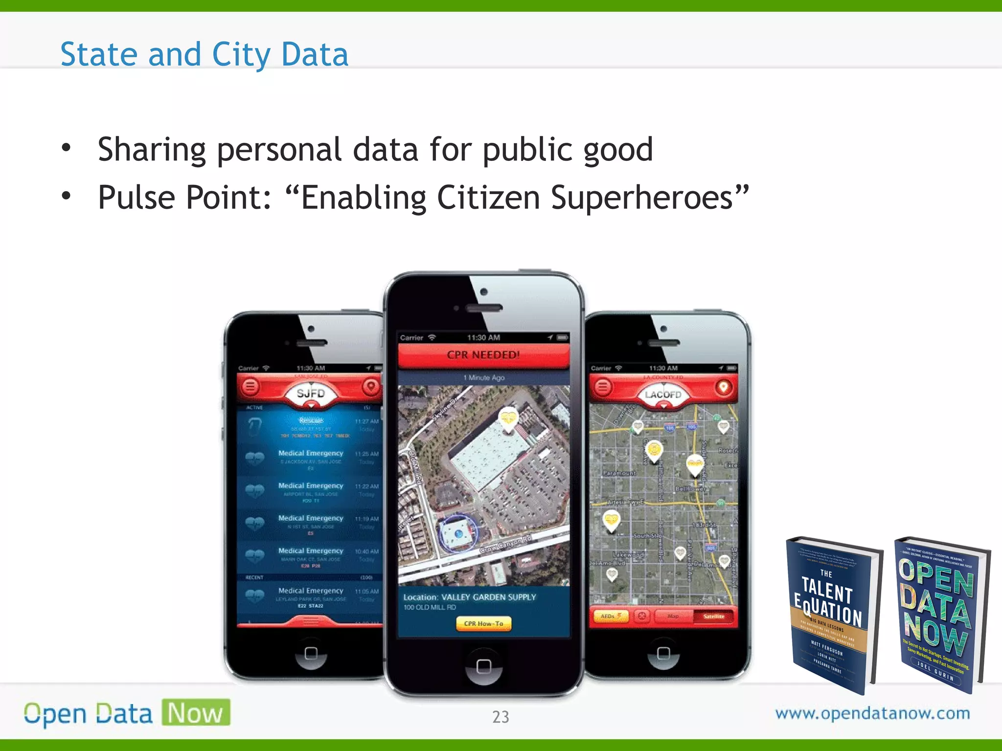 State and City Data
• Sharing personal data for public good
• Pulse Point: “Enabling Citizen Superheroes”

23

 