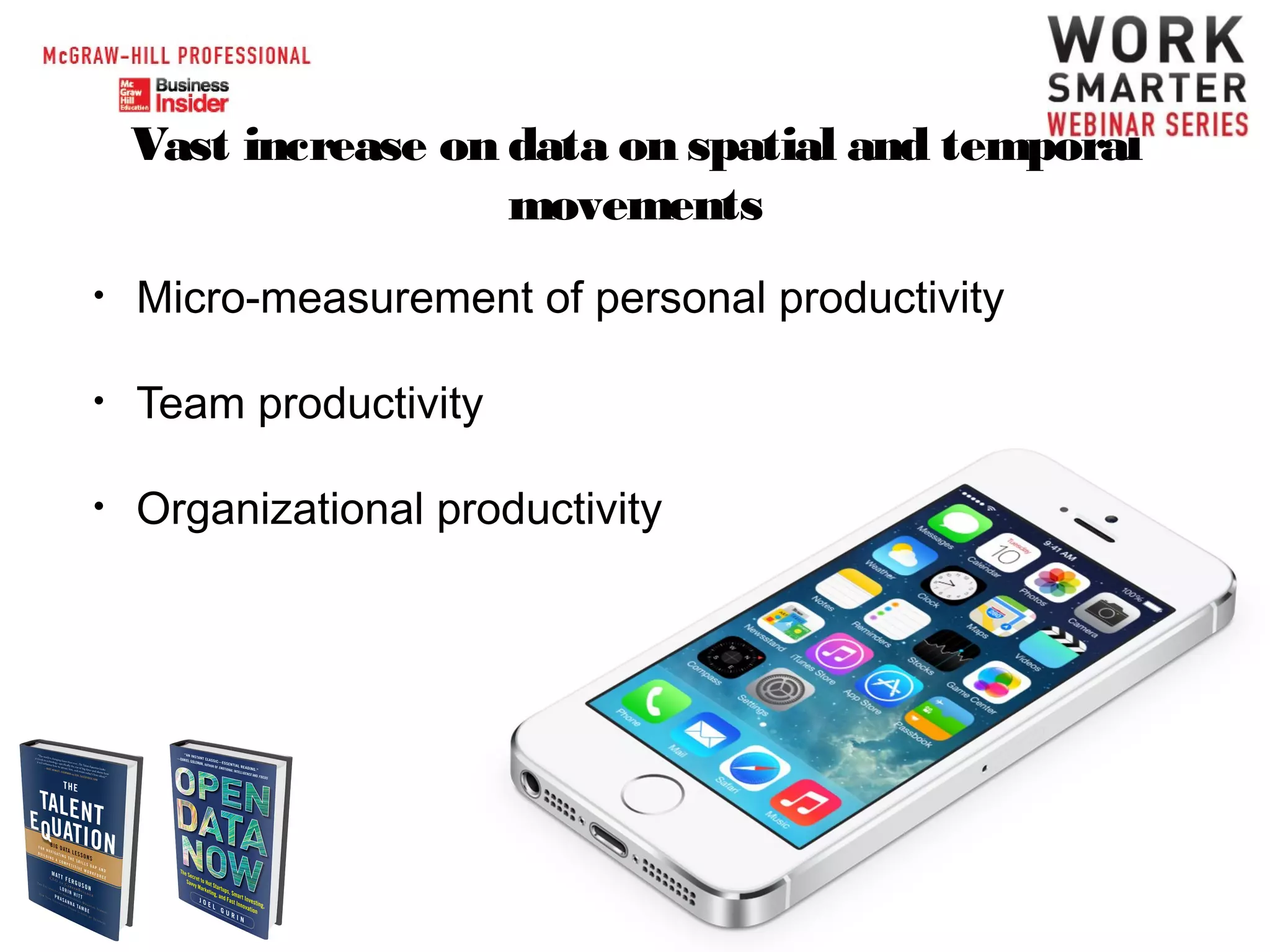 Vast increase on data on spatial and temporal
movements
•

Micro-measurement of personal productivity

•

Team productivity

•

Organizational productivity

 