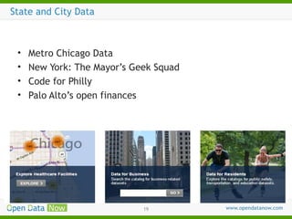 State and City Data

•
•
•
•

Metro Chicago Data
New York: The Mayor’s Geek Squad
Code for Philly
Palo Alto’s open finance...