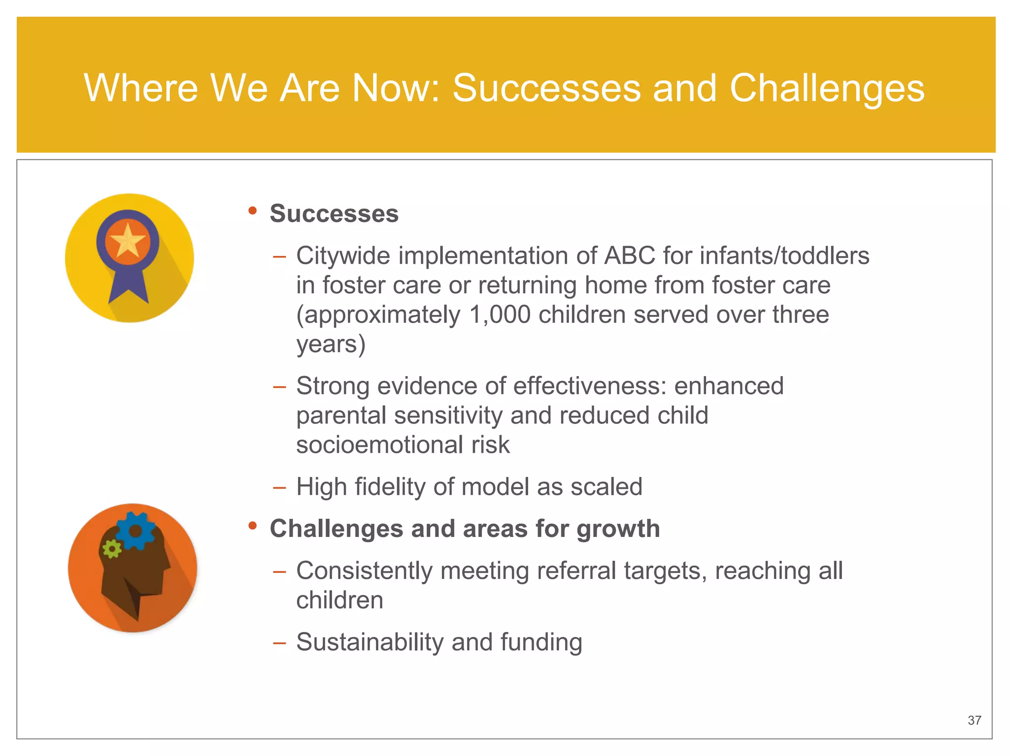 37
Where We Are Now: Successes and Challenges
• Successes
– Citywide implementation of ABC for infants/toddlers
in foster care or returning home from foster care
(approximately 1,000 children served over three
years)
– Strong evidence of effectiveness: enhanced
parental sensitivity and reduced child
socioemotional risk
– High fidelity of model as scaled
• Challenges and areas for growth
– Consistently meeting referral targets, reaching all
children
– Sustainability and funding
 