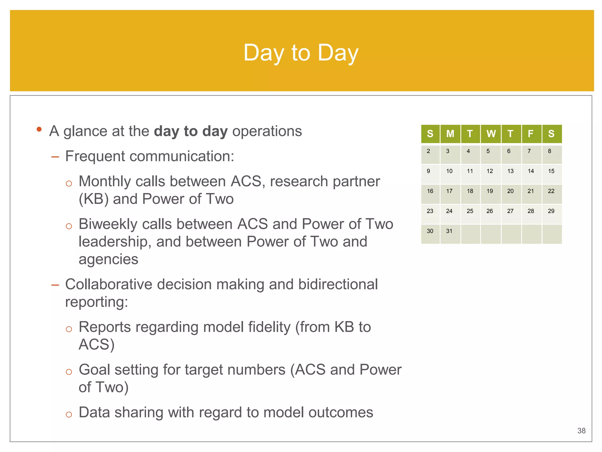 38
Day to Day
• A glance at the day to day operations
– Frequent communication:
o Monthly calls between ACS, research partner
(KB) and Power of Two
o Biweekly calls between ACS and Power of Two
leadership, and between Power of Two and
agencies
– Collaborative decision making and bidirectional
reporting:
o Reports regarding model fidelity (from KB to
ACS)
o Goal setting for target numbers (ACS and Power
of Two)
o Data sharing with regard to model outcomes
S M T W T F S
2 3 4 5 6 7 8
9 10 11 12 13 14 15
16 17 18 19 20 21 22
23 24 25 26 27 28 29
30 31
 