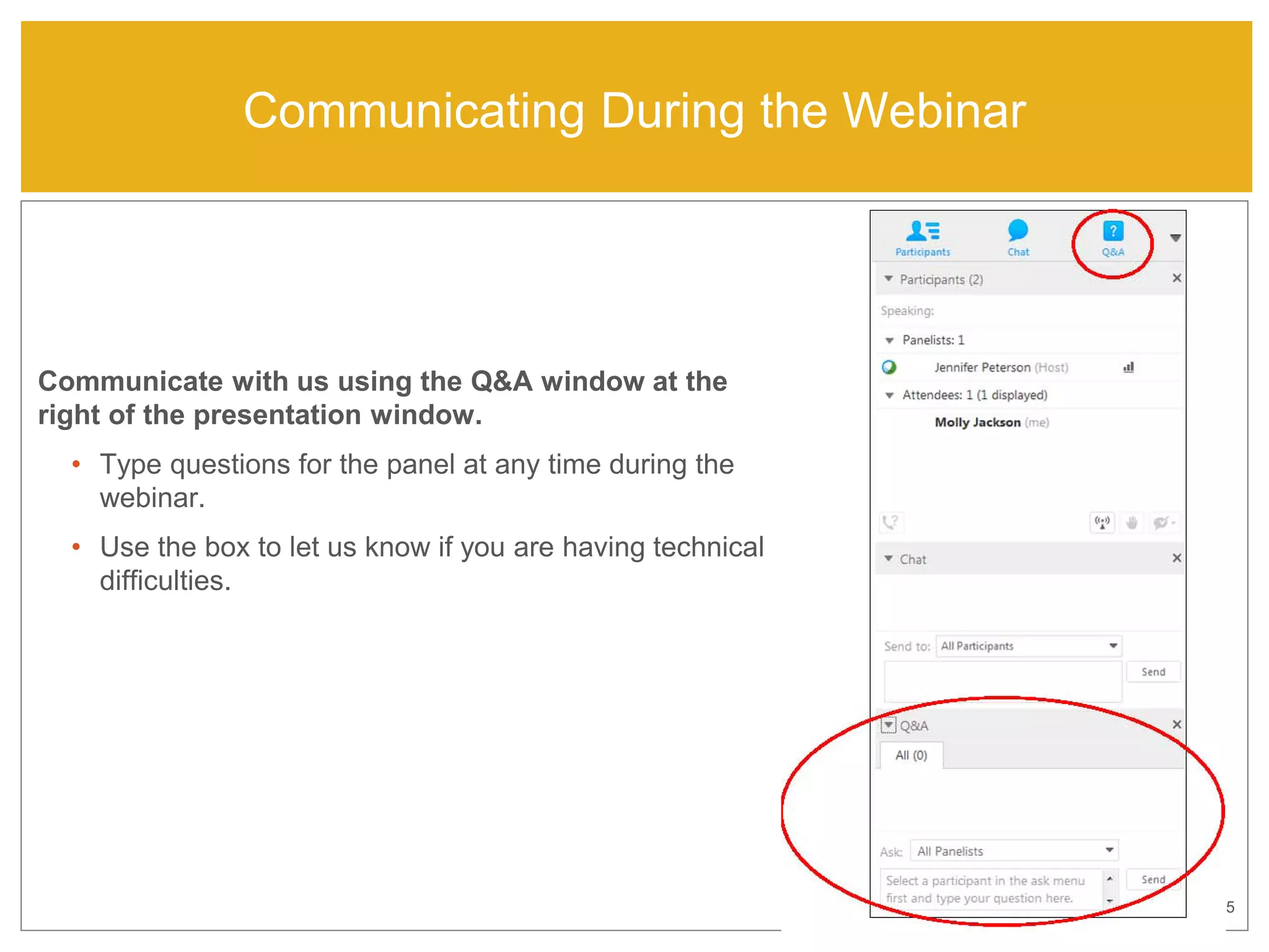5
Communicate with us using the Q&A window at the
right of the presentation window.
• Type questions for the panel at any time during the
webinar.
• Use the box to let us know if you are having technical
difficulties.
Communicating During the Webinar
 