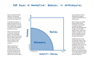 Every successful business
needs to continuously
innovate or it will cease to
exist over the longer term.
Incremental innovation is
small improvements to an
existing product or service
that usually helps maintain
or improve its competitive
position over time.
Mature businesses tend
to innovate “inside the
sphere” (incrementally).
Because they tend to know
their customers well, know
how to reach them, and
want to build on their
current products and
services.
Radical innovation is
often breakthrough
and disruptive in that it
provides something new
to the world that we live
rejecting convention and
overturn the current status
customer expectations in a
positive way.
Most startups are heavily
biased toward radical
innovation and innovate
“outside the sphere”.
Because they typically have
higher returns, target new
markets and relies on new
business models, and can
end up replacing existing
products and services.
People tend not to see
incremental change. They
see disruptive change that
is often provocative and
impactful. That’s not to say
incremental innovation
is inferior by any means.
The key is maintaining a
balance, and knowing when
to innovate between radical
and incremental innovation
over the long term.
 