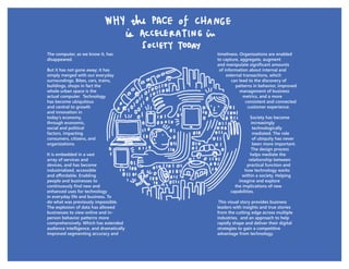 The computer, as we know it, has
disappeared.
But it has not gone away; it has
simply merged with our everyday
surroundings. Bikes, cars, trains,
buildings, shops in fact the
whole urban space is the
actual computer. Technology
has become ubiquitous
and central to growth
and innovation in
today’s economy,
through economic,
social and political
factors, impacting
consumers, citizens, and
organizations.
It is embedded in a vast
array of services and
devices, and has become
industrialized, accessible
people and businesses to
enhanced uses for technology
in everyday life and business. To
do what was previously impossible.
The explosion of data has allowed
businesses to view online and in-
person behavior patterns more
comprehensively. Which has extended
audience intelligence, and dramatically
improved segmenting accuracy and
timeliness. Organizations are enabled
to capture, aggregate, augment
of information about internal and
external transactions, which
can lead to the discovery of
patterns in behavior, improved
management of business
metrics, and a more
consistent and connected
customer experience.
Society has become
increasingly
technologically
mediated. The role
of ubiquity has never
been more important.
The design process
helps mediate the
relationship between
practical function and
how technology works
within a society. Helping
imagine and explore
the implications of new
capabilities.
This visual story provides business
leaders with insights and true stories
from the cutting edge across multiple
industries, and an approach to help
rapidly shape and deliver their digital
strategies to gain a competitive
advantage from technology.
 