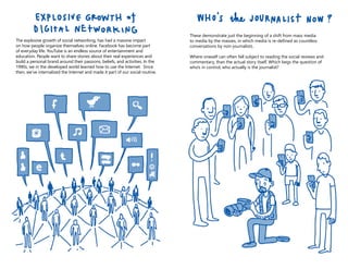 The explosive growth of social networking, has had a massive impact
on how people organize themselves online. Facebook has become part
of everyday life. YouTube is an endless source of entertainment and
education. People want to share stories about their real experiences and
build a personal brand around their passions, beliefs, and activities. In the
1990s, we in the developed world learned how to use the Internet. Since
then, we’ve internalized the Internet and made it part of our social routine.
These demonstrate just the beginning of a shift from mass media
conversations by non-journalists.
who’s in control, who actually is the journalist?
 