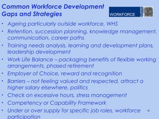 Common Workforce Development
Gaps and Strategies
• Ageing particularly outside workforce, WHS
• Retention, succession planning, knowledge management,
    communication, career paths
•   Training needs analysis, learning and development plans,
    leadership development
•   Work Life Balance – packaging benefits of flexible working
    arrangements, phased retirement
•   Employer of Choice, reward and recognition
•   Barriers – not feeling valued and respected, attract a
    higher salary elsewhere, politics
•   Check on excessive hours, stress management
•   Competency or Capability Framework
•   Under or over supply for specific job roles, workforce 12
    participation
 