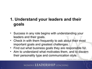 Copyright 2011, Women’s Leadership Coaching Inc.
12
1. Understand your leaders and their
goals
• Success in any role begin...