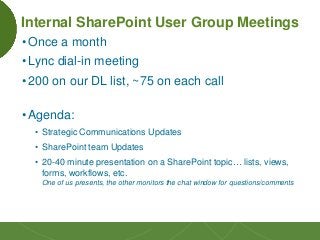 11
Internal SharePoint User Group Meetings
•Once a month
•Lync dial-in meeting
•200 on our DL list, ~75 on each call
•Agen...