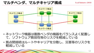 マルチベンダ、マルチキャリア構成
• ネットワーク機器は複数ベンダの機器をバランスよく配置し
て、ソフトウェア脆弱性等のリスクを軽減している
• 拠点間接続はルートやキャリアを分散し、災害等のリスクを
軽減している
12
ネットワーク拠点
ネットワーク拠点
ネットワーク拠点ネットワーク拠点
 