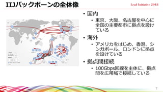 IIJバックボーンの全体像
• 国内
• 東京、大阪、名古屋を中心に
全国の主要都市に拠点を設け
ている
• 海外
• アメリカをはじめ、香港、シ
ンガポール、ロンドンに拠点
を設けている
• 拠点間接続
• 100Gbps回線を主体に、拠点
間を広帯域で接続している
7
 