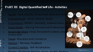 @servicesphere
http://bit.ly/re

#Pink13

PART III Digital Quantified Self Life - Activities
1.

Health- Food, Activity, Sleep, Food, Restroom Activity

2.

Entertainment – Music, Movies, Books

3.

Environment (HOME) –Humidity, Ambient Noise, Air Quality, CO

4.

Social Media – Sharing Personal and Professional Content

5.

Knowledge Work- Email, Document Creation, Knowledge Search,
Screen Shot

6.

Travel- Education and Commerce

7.

Opinion – Reviews, Feedback

8.

Content Creation - Self Actualization

34

© Copyright 11/7/13 BMC Software, Inc

 