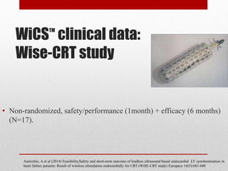 WiCSTM
clinical data:
Wise-CRT study
• Non-randomized, safety/performance (1month) + efficacy (6 months)
(N=17).
Auricchio, A et al (2014) Feasibility,Safety and short-term outcome of leadless ultrasound based endocardial LV synchronisation in
heart failure patients: Result of wireless stimulation endocardially for CRT (WiSE-CRT study) Europace 16(5):681-688
 