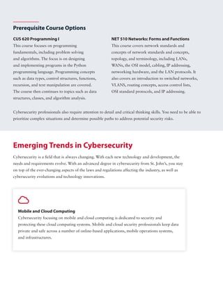 Prerequisite Course Options
CUS 620 Programming I NET 510 Networks: Forms and Functions
This course focuses on programming
fundamentals, including problem solving
and algorithms. The focus is on designing
and implementing programs in the Python
programming language. Programming concepts
such as data types, control structures, functions,
recursion, and text manipulation are covered.
The course then continues to topics such as data
structures, classes, and algorithm analysis.
This course covers network standards and
concepts of network standards and concepts,
topology, and terminology, including LANs,
WANs, the OSI model, cabling, IP addressing,
networking hardware, and the LAN protocols. It
also covers an introduction to switched networks,
VLANS, routing concepts, access control lists,
OSI standard protocols, and IP addressing.
Cybersecurity professionals also require attention to detail and critical thinking skills. You need to be able to
prioritize complex situations and determine possible paths to address potential security risks.
Emerging Trends in Cybersecurity
Cybersecurity is a field that is always changing. With each new technology and development, the
needs and requirements evolve. With an advanced degree in cybersecurity from St. John’s, you stay
on top of the ever-changing aspects of the laws and regulations affecting the industry, as well as
cybersecurity evolutions and technology innovations.

Mobile and Cloud Computing
Cybersecurity focusing on mobile and cloud computing is dedicated to security and
protecting these cloud computing systems. Mobile and cloud security professionals keep data
private and safe across a number of online-based applications, mobile operations systems,
and infrastructures.
 