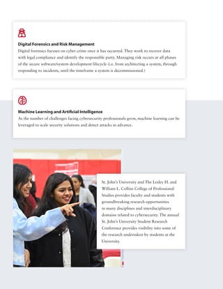 
Digital Forensics and Risk Management
Digital forensics focuses on cyber crime once it has occurred. They work to recover data
with legal compliance and identify the responsible party. Managing risk occurs at all phases
of the secure software/system development lifecycle (i.e. from architecting a system, through
responding to incidents, until the timeframe a system is decommissioned.)

Machine Learning and Artificial Intelligence
As the number of challenges facing cybersecurity professionals grow, machine learning can be
leveraged to scale security solutions and detect attacks in advance.
St. John’s University and The Lesley H. and
William L. Collins College of Professional
Studies provides faculty and students with
groundbreaking research opportunities
in many disciplines and interdisciplinary
domains related to cybersecurity. The annual
St. John’s University Student Research
Conference provides visibility into some of
the research undertaken by students at the
University.
 
