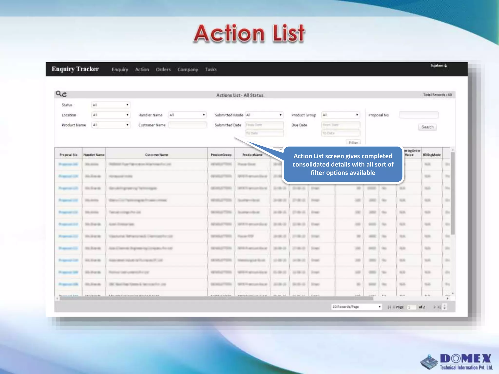 Action List screen gives completed
consolidated details with all sort of
filter options available
 
