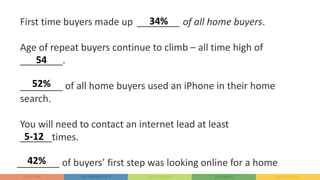 First time buyers made up ________ of all home buyers.
Age of repeat buyers continue to climb – all time high of
________.
________ of all home buyers used an iPhone in their home
search.
You will need to contact an internet lead at least
______times.
________ of buyers’ first step was looking online for a home
34%
54
52%
5-12
42%
 
