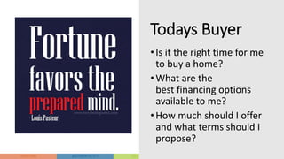 •Is it the right time for me
to buy a home?
• What are the
best financing options
available to me?
• How much should I offer
and what terms should I
propose?
Todays Buyer
 