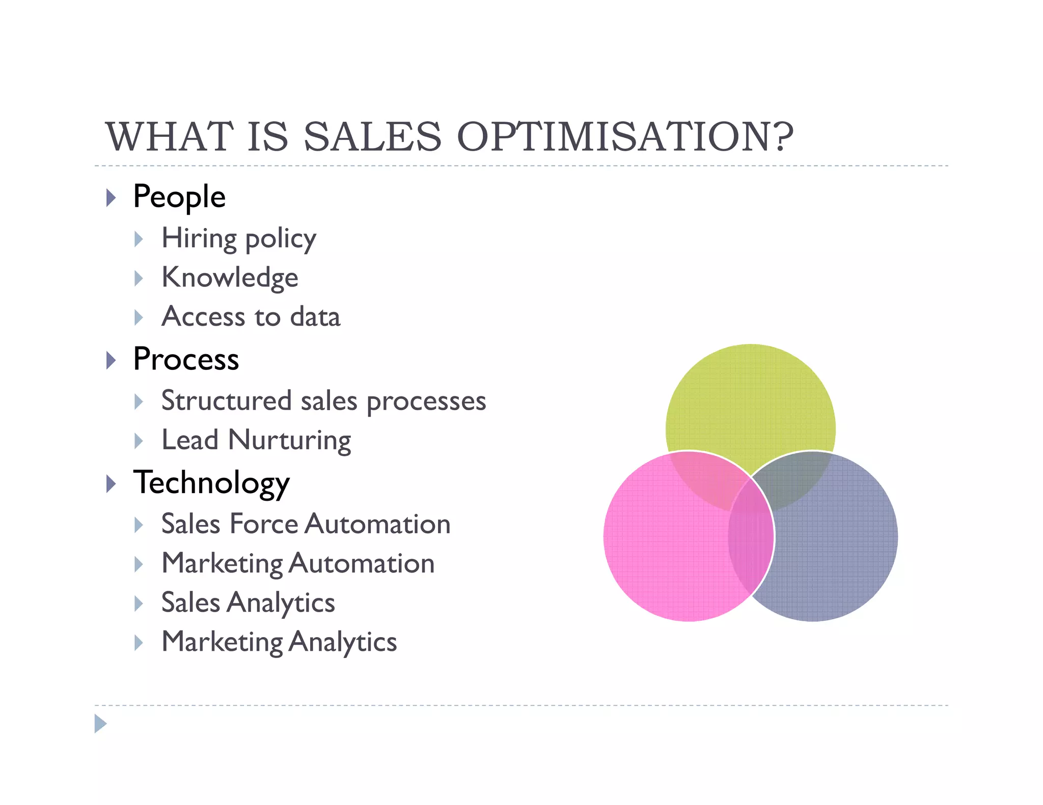WHAT IS SALES OPTIMISATION?
 People
  Hiring policy
  Knowledge
  Access to data
 Process
  Structured sales processes
  Lead Nurturing
 Technology
  Sales Force Automation
  Marketing Automation
  Sales Analytics
  Marketing Analytics
 