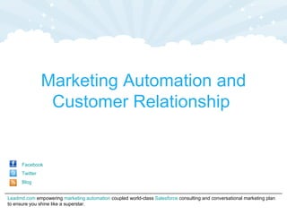 Marketing Automation and
                 Customer Relationship


      Facebook
      Twitter
      Blog


Leadmd.com empowering marketing automation coupled world-class Salesforce consulting and conversational marketing plan
to ensure you shine like a superstar.
 