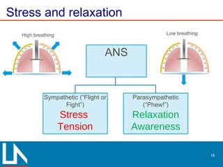 Stress and relaxation
18
ANS
Sympathetic (“Flight or
Fight”)
Stress
Tension
Parasympathetic
(“Phew!”)
Relaxation
Awareness
High breathing Low breathing
 