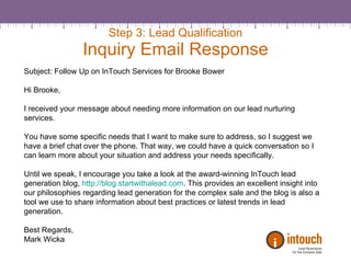 Step 3: Lead Qualification Inquiry Email Response Subject: Follow Up on InTouch Services for Brooke Bower Hi Brooke, I received your message about needing more information on our lead nurturing services.  You have some specific needs that I want to make sure to address, so I suggest we have a brief chat over the phone. That way, we could have a quick conversation so I can learn more about your situation and address your needs specifically.  Until we speak, I encourage you take a look at the award-winning InTouch lead generation blog,  http://blog.startwithalead.com . This provides an excellent insight into our philosophies regarding lead generation for the complex sale and the blog is also a tool we use to share information about best practices or latest trends in lead generation.  Best Regards, Mark Wicka 