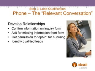 Step 3: Lead Qualification   Phone – The “Relevant Conversation” Develop Relationships Confirm information on inquiry form Ask for missing information from form Get permission to “opt-in” for nurturing Identify qualified leads 
