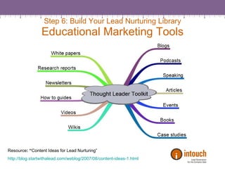 Step 6: Build Your Lead Nurturing Library Educational Marketing Tools Resource : “ Content Ideas for Lead Nurturing” http://blog.startwithalead.com/weblog/2007/08/content-ideas-1.html   