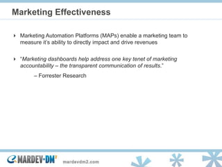 Marketing Effectiveness

 Marketing Automation Platforms (MAPs) enable a marketing team to
  measure it’s ability to dire...