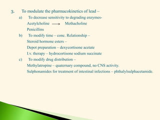 3. To modulate the pharmacokinetics of lead –
a) To decrease sensitivity to degrading enzymes-
Acetylcholine Methacholine
Penicillins
b) To modify time – conc. Relationship –
Steroid hormone esters –
Depot preparation – dexycortisone acetate
I.v. therapy – hydrocortisone sodium succinate
c) To modify drug distribution –
Methylatropine – quaternary compound, no CNS activity.
Sulphonamides for treatment of intestinal infections – phthalylsulphacetamide.
 