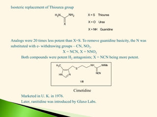 Isosteric replacement of Thiourea group
Analogs were 20 times less potent than X=S. To remove guanidine basicity, the N was
substituted with e- withdrawing groups – CN, NO2.
X = NCN, X = NNO2
Both compounds were potent H2 antagonists; X = NCN being more potent.
Cimetidine
Marketed in U. K. in 1976.
Later, ranitidine was introduced by Glaxo Labs.
NH2
N
H2
X
X = S Thiourea
X = O Urea
X = NH Guanidine
N
H N
C
H3
S
NH NHMe
NCN
VIII
 