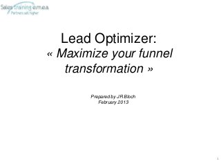 Lead Optimizer:
« Maximize your funnel
   transformation »

       Prepared by JR Bloch
          February 2013




                              1
 