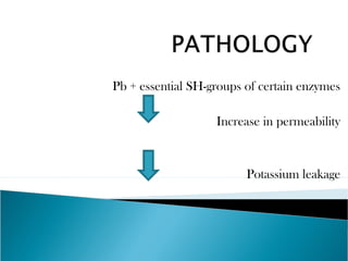 Pb + essential SH-groups of certain enzymes
Increase in permeability
Potassium leakage
 