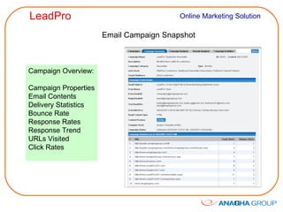 Email Campaign Snapshot Campaign Overview: Campaign Properties Email Contents Delivery Statistics Bounce Rate Response Rates Response Trend URLs Visited Click Rates 