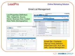 Email List Management List Properties Definition:  Title, Categories, Source, Owner, Business Area, Custom Data Fields (Demographics) Email IDs / Contacts:  Sign-up Forms Definition, Import from CSV, XLS, and XML, Opt-out Management 