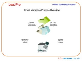 Email Marketing Process Overview List, Opt-in / Subscription Management Delivery and Response Tracking Campaign  Performance Measurement Email Design,  Personalization Campaign Definition, Targeting 